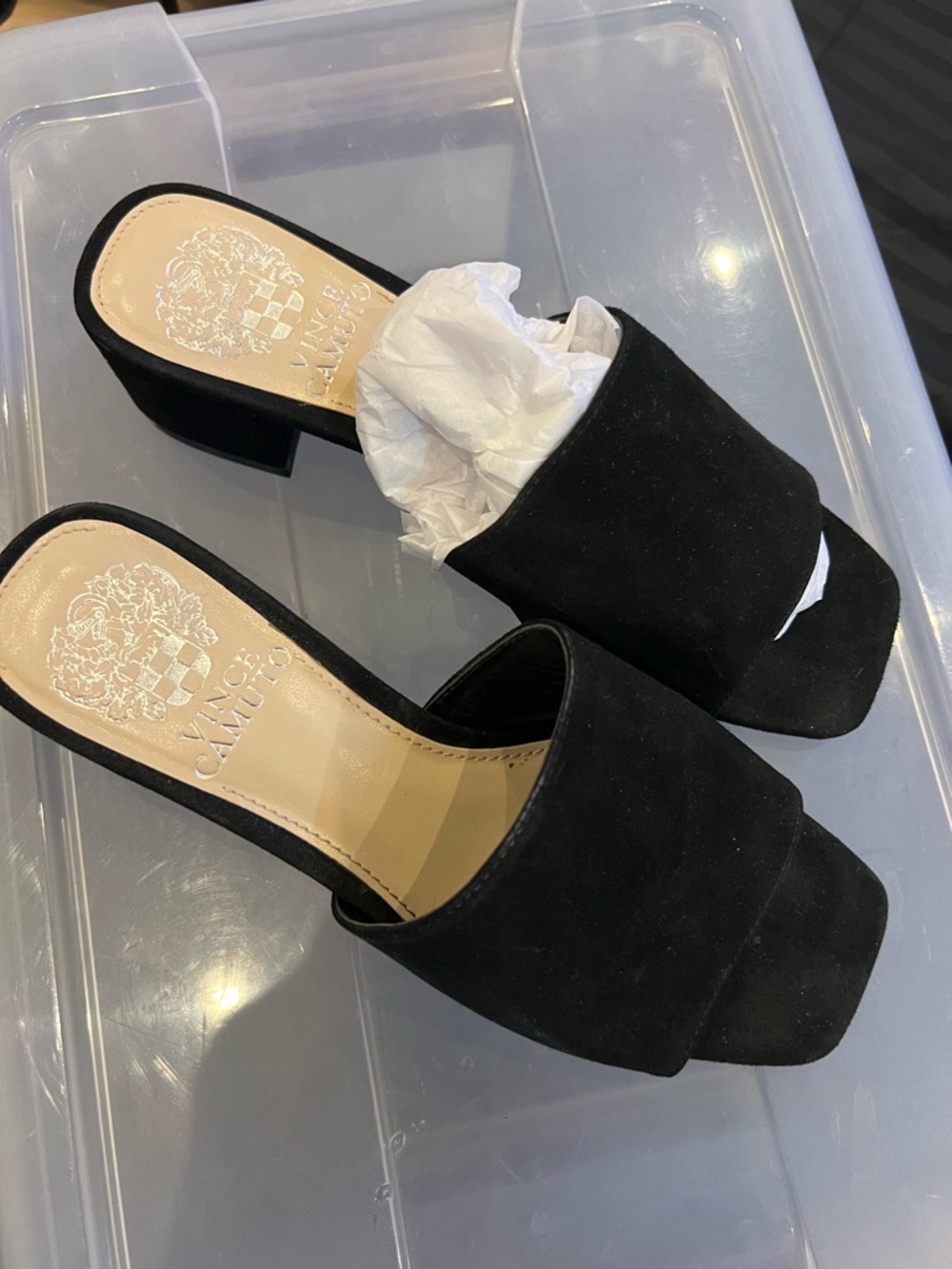 Black Suede Open-Toe Block Heel Mules - Women.